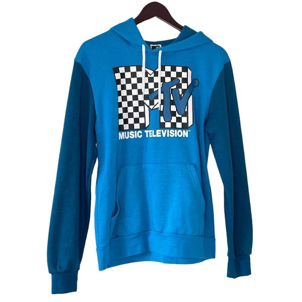 MTV Men's Hoodie Sweatshirt with MTV Spell Out in Checkerboard Print Size Small